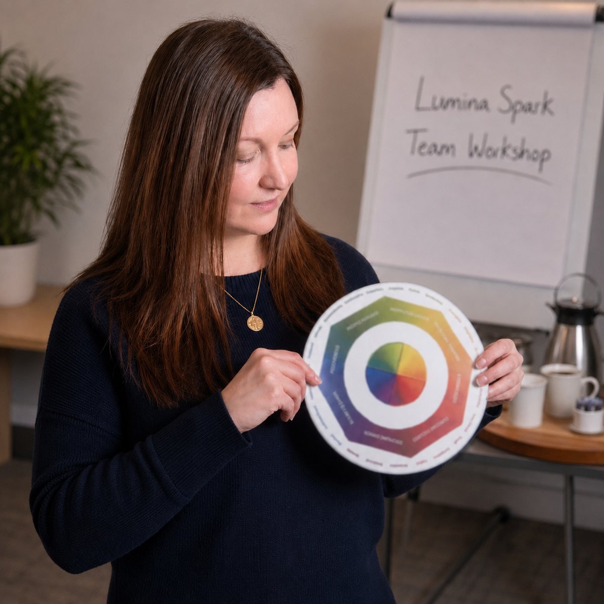 Sarah Woodman holding a Lumina colour wheel at a Lumina Spark team workshop